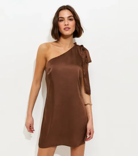 Women's Dark Brown Satin One Shoulder Mini Dress