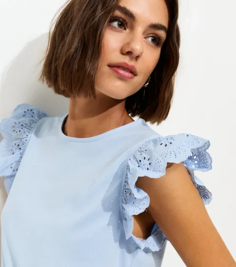 Women's Light Blue Broderie Frill Sleeve Top