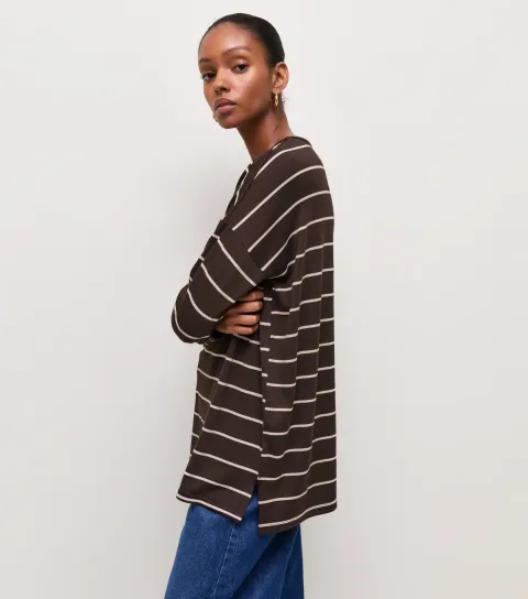 Women's Brown Soft Touch Stripe Long Sleeve Top