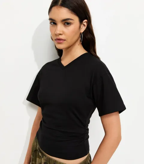 Women's Black Cotton Ruched V Neck T-Shirt