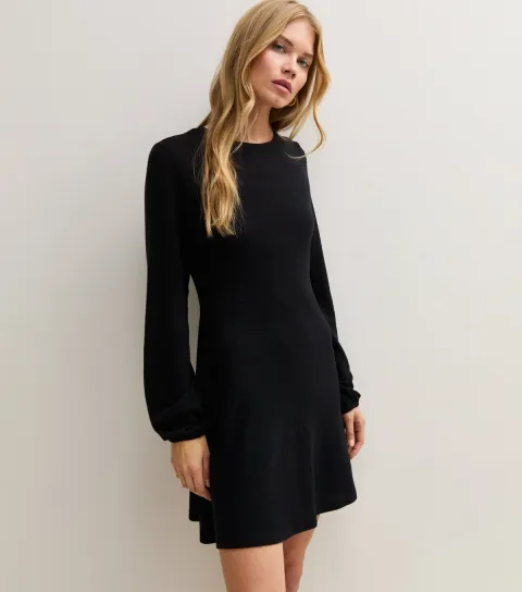 New Look Women's Black Knitted Long Sleeve Smock Mini Dress