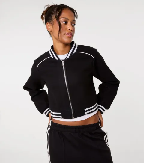 Women's Black Striped Trim Bomber Jacket