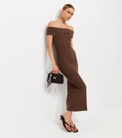 Women's Dark Brown Off Shoulder Bardot Midi Dress