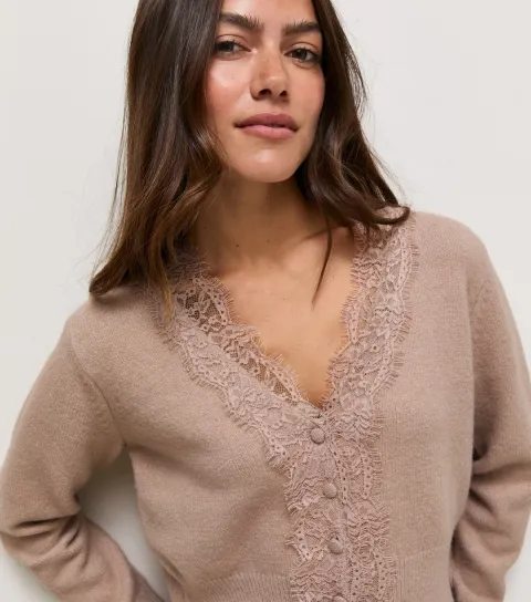 New Look Women's Petite Light Mink Knitted Lace Trim Long Sleeve Cardigan