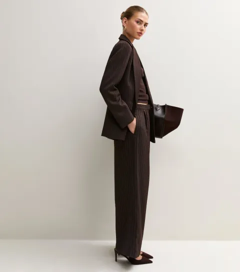 New Look Women's Brown Pinstripe Tailored Wide Leg Trousers