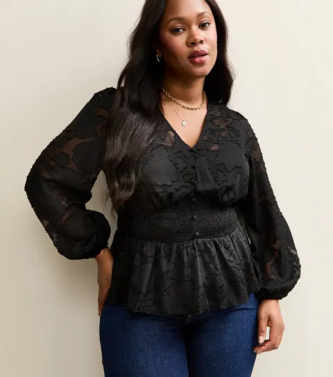 Women's Plus Size Black Floral Jacquard Long Sleeve Blouse Curves
