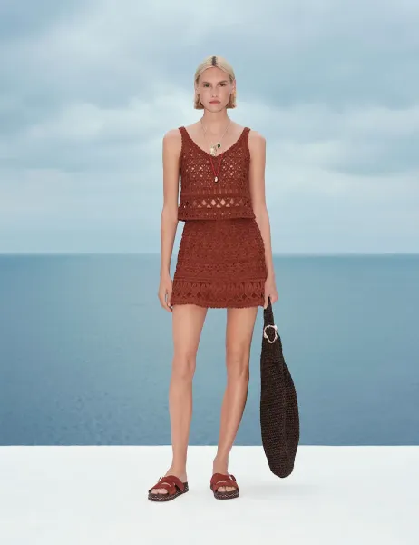 Marks & Spencer Crochet-Style Cropped Knitted Top Brandy