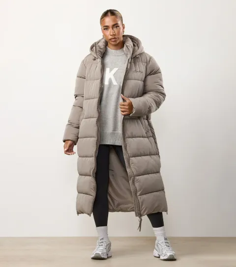 Women's Light Brown Longline Puffer Jacket