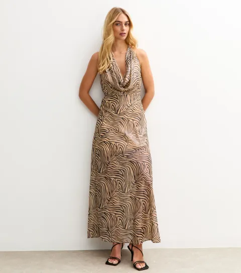 Women's Brown Metallic Zebra Print Halter Neck Dress