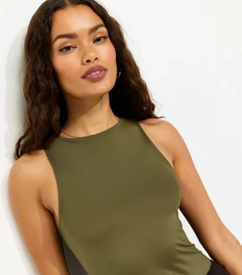 Women's Petite Khaki Sleek Jersey Racer Slinky Bodysuit