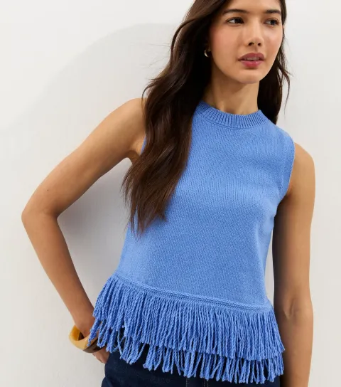 Women's Blue Fringed Hem Cotton Rich Vest