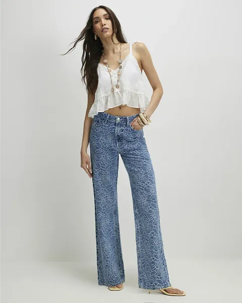 River Island Floral Print Relaxed Straight Jeans