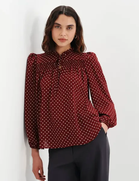 Finery London Polka Dot Shirred Tie Neck Blouse Burgundy Mix