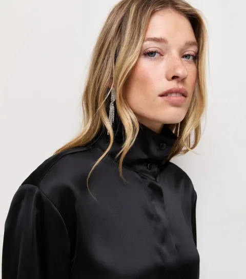New Look Women's Black Satin Funnel Neck Shirt