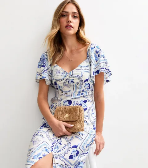 New Look Women's White Amalfi Postcard Print Slit Hem Midi Dress