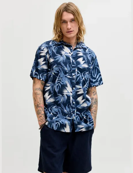 Jack & Jones Regular Fit Pure Cotton Short Sleeve Hawaiian Shirt Navy Mix