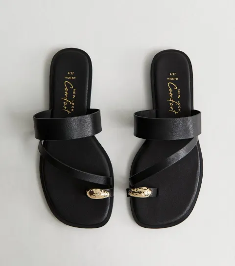 Women's Wide Fit Black Faux Leather Metal Toe Ring Mules Vegan