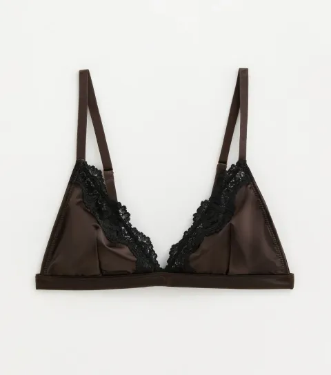 Women's Dark Brown Satin and Lace Non Padded Triangle Bralette