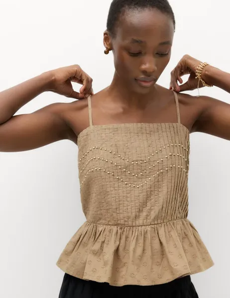 Marks & Spencer Pure Cotton Embellished Square Neck Cami Khaki