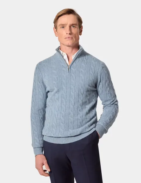 Hawes & Curtis Pure Wool Cable Knit Half Zip Jumper Blue