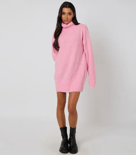 Women's Light Pink Roll Neck Mini Jumper Dress