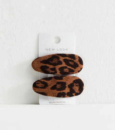 Pack of 2 Brown Leopard Print Faux Suede Hair Slides