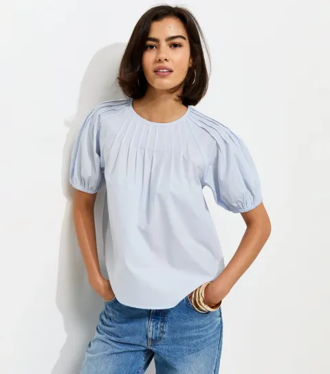 Women's Light Blue Pintuck Poplin Blouse
