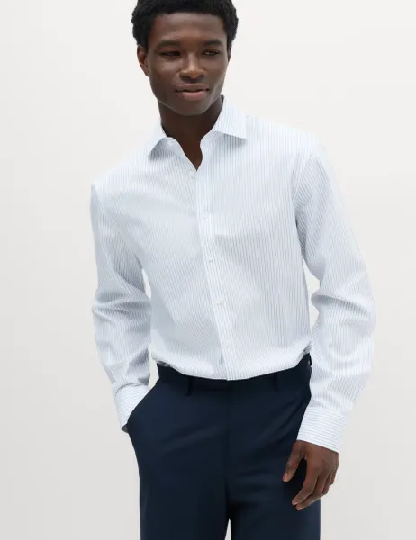 Marks & Spencer Regular Fit UItimate Non Iron Pure Cotton Striped Shirt Blue Mix