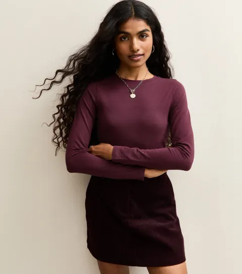 Women's Petite Burgundy Crew Neck Long Sleeve Bodysuit