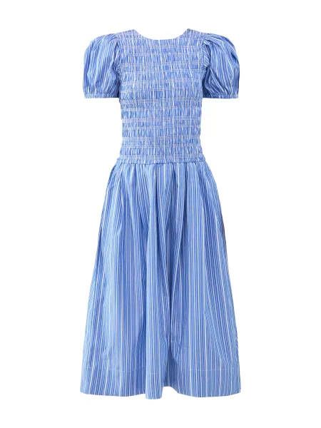 GANNI Stripe Smocked Pleated Midi Dress