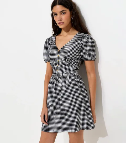 Women's Black Crinkled Texture Gingham Button Front Mini Dress