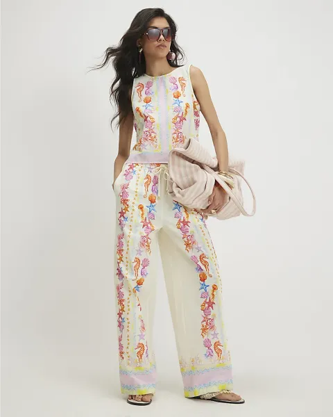 River Island Sea Life Print Wide Leg Trousers