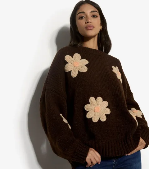 Women's Brown Embroidered Daisies Jumper