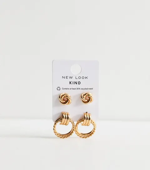 New Look Pack of 2 Gold Tone Knot Stud and Hoop Earrings