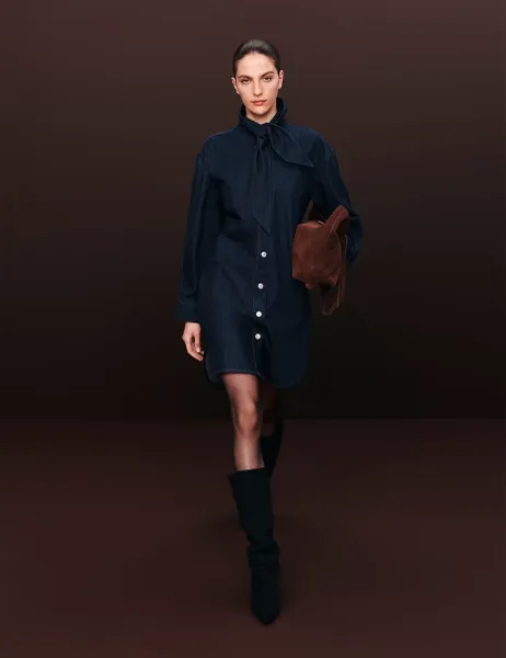 Autograph Denim Tie Neck Mini Shirt Dress
