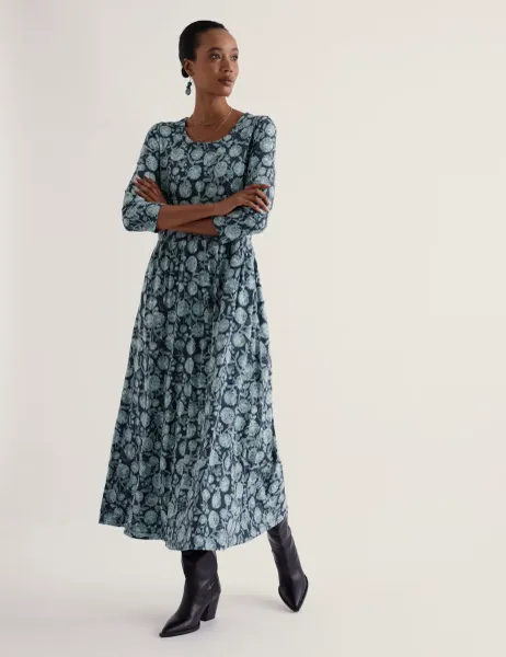 Cotton Rich Floral Midaxi Waisted Dress Blue Mix