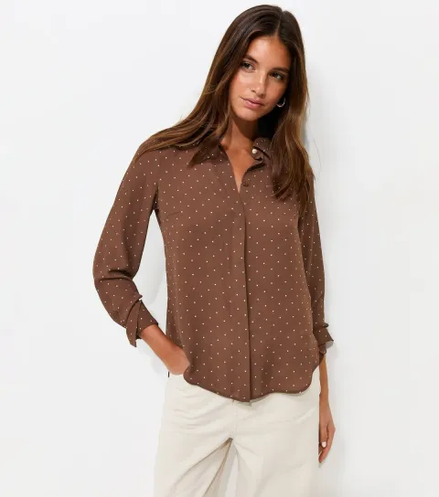 Women's Brown Spot Print Long Sleeve Shirt