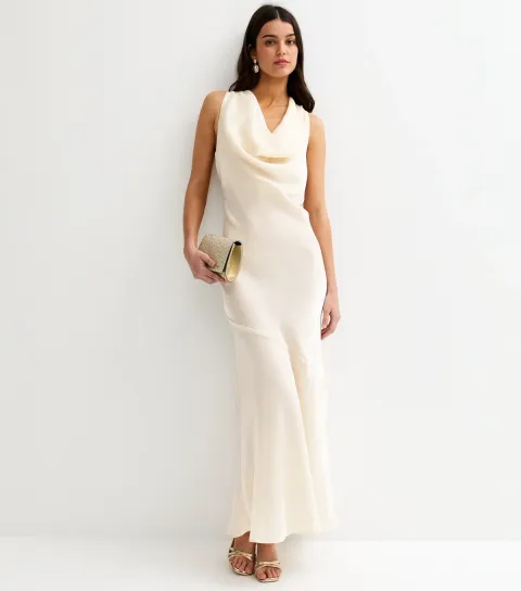 Women's Cream Sparkly Satin Cowl Neck Maxi Dress