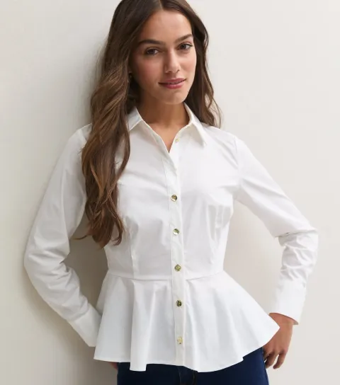 New Look Women's Petite White Cotton Rich Peplum Hem Golden Button Shirt
