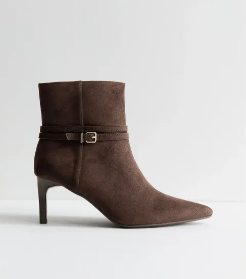 Women's Brown Faux Suede Buckle Strap Stiletto Heel Ankle Boots Vegan