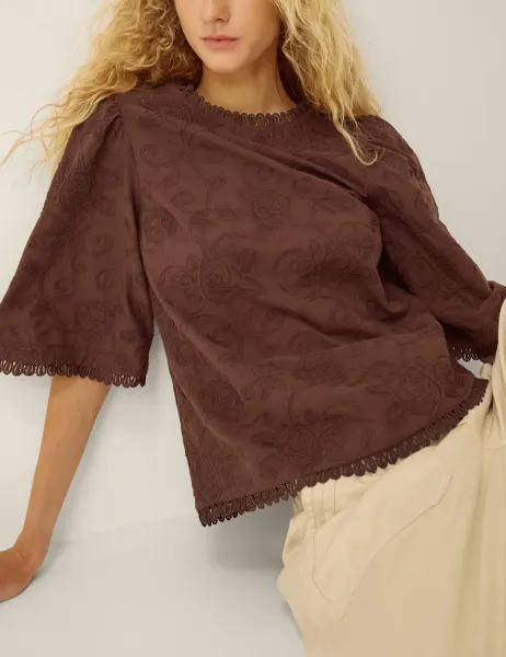 Monsoon Pure Cotton Embroidered Blouse Brown Mix
