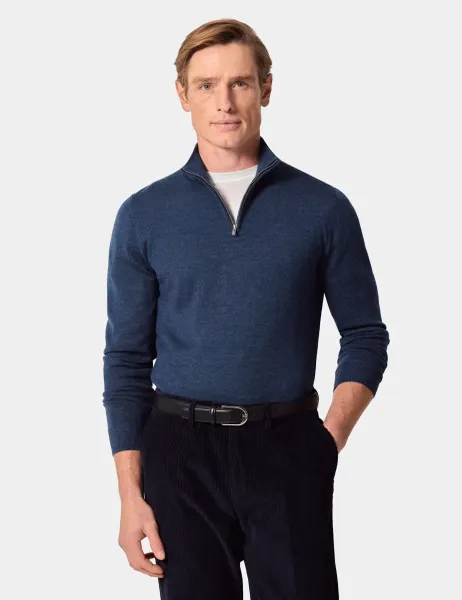 Hawes & Curtis Pure Merino Wool Half Zip Jumper Blue