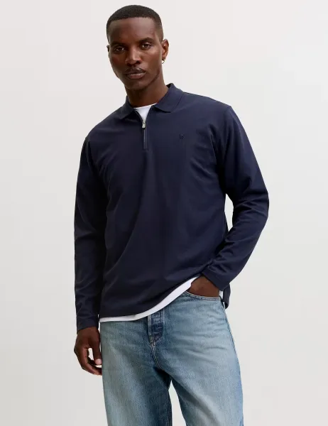 Jack & Jones Cotton Blend Half Zip Long Sleeve Polo Shirt Navy