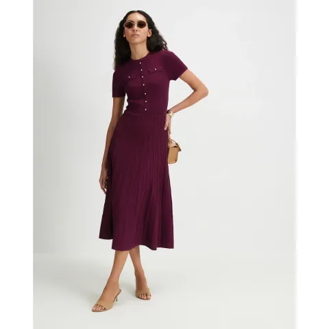 River Island Burgundy Cotton Pointelle Knit Midi Dress