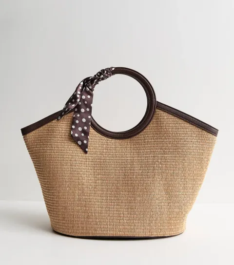 Stone Circle Top Handle Basket Bag with Scarf