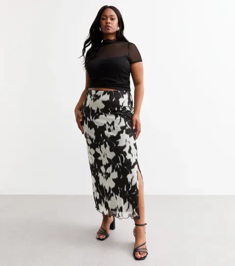 New Look Women's Plus Size Blurred Floral Stretch Mesh Midi Skirt Curves
