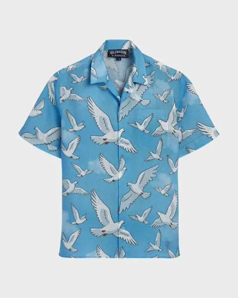 Vilebrequin Men Linen Bowling Shirt Doves