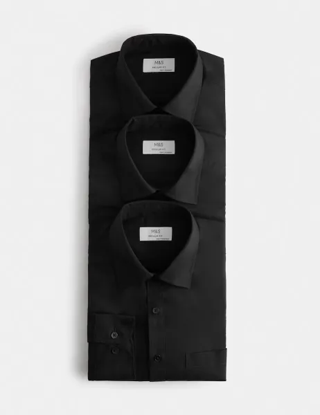 Marks & Spencer 3 Pack Regular Fit Easy Iron Long Sleeve Shirts Black