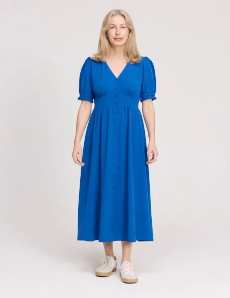 Finery London V-Neck Button Through Midi Tea Dress Cobalt