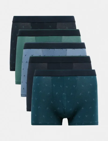 Marks & Spencer 5 Pack Cotton Stretch Swallow Print Hipsters Teal Mix